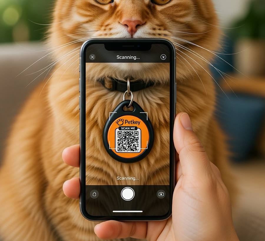 A cat wearing a Petkey QR tag while someone scans it with a phone